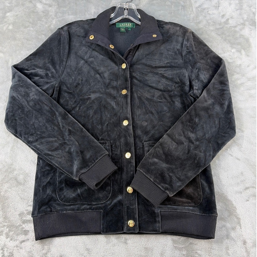 Lauren Ralph Lauren Black Velour Bomber Jacket Gold Crest‎ Button Small